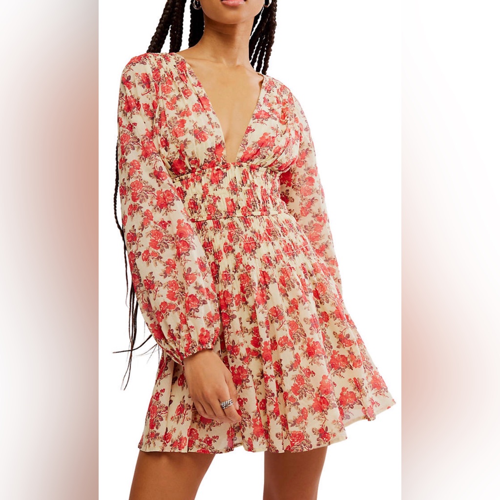 Free People Keep You Mine Floral Print Mini Dress Xs Cream And Orange